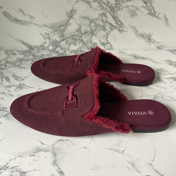 Vivaia Women 39 US 8 Fluffy Patterned Mules Maroon Red Pointed Toe Slip On Shoe - Picture 3 of 6